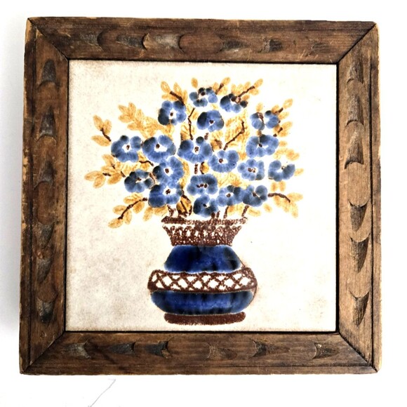 Other - Vtg Italian Blue Floral Art Ceramic Tile Trivet Carved Wood Frame 7.75"x7.75"